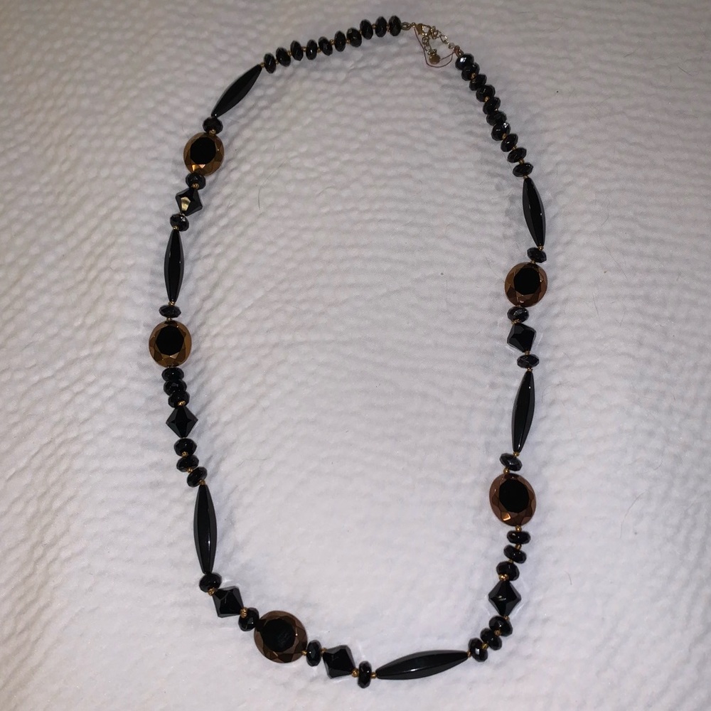 Vintage Liz Claiborne Long Black & Cooper Tone Faceted Beaded Necklace